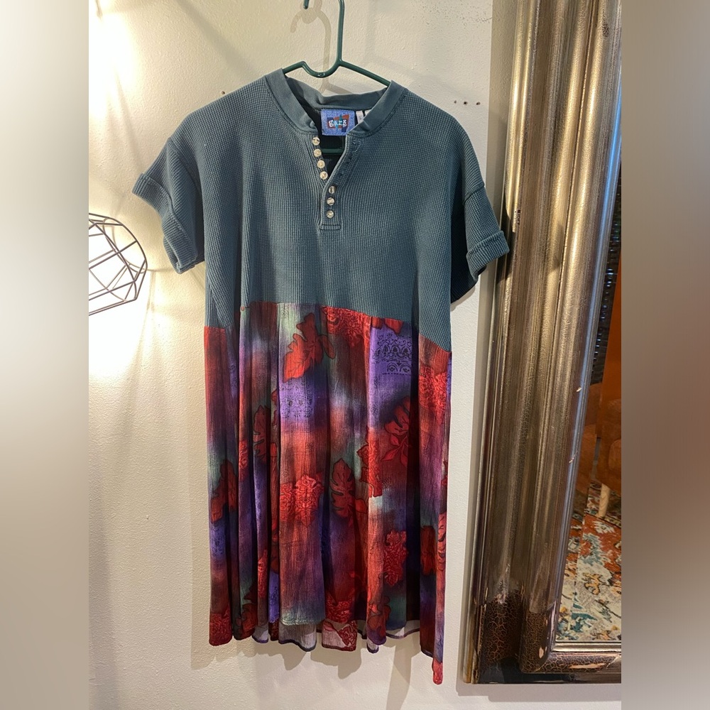 OOAK Upcycled 90s waffle top rayon leaves skirt Colorful Button-Up Dress